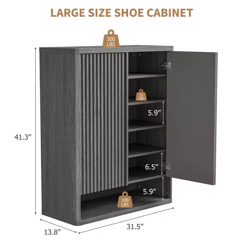 Meuble à chaussures, Meuble d'entrée 160 cm de hauteur Lot de 2 armoires en bois gris Porte cannelée Contient 50 à 60 paires Étagères réglables