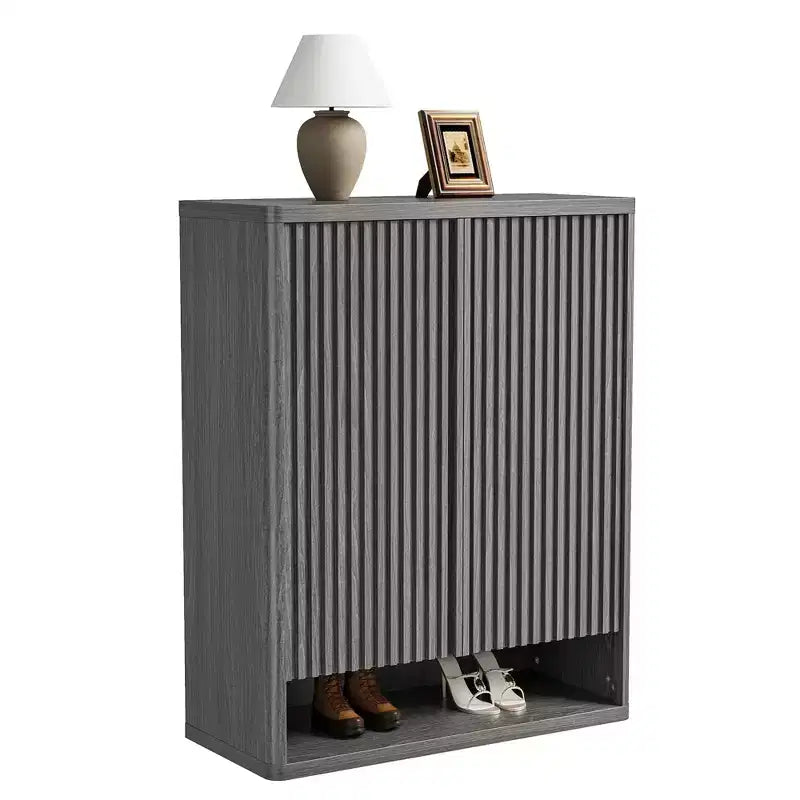 Meuble à chaussures, Meuble d'entrée 160 cm de hauteur Lot de 2 armoires en bois gris Porte cannelée Contient 50 à 60 paires Étagères réglables