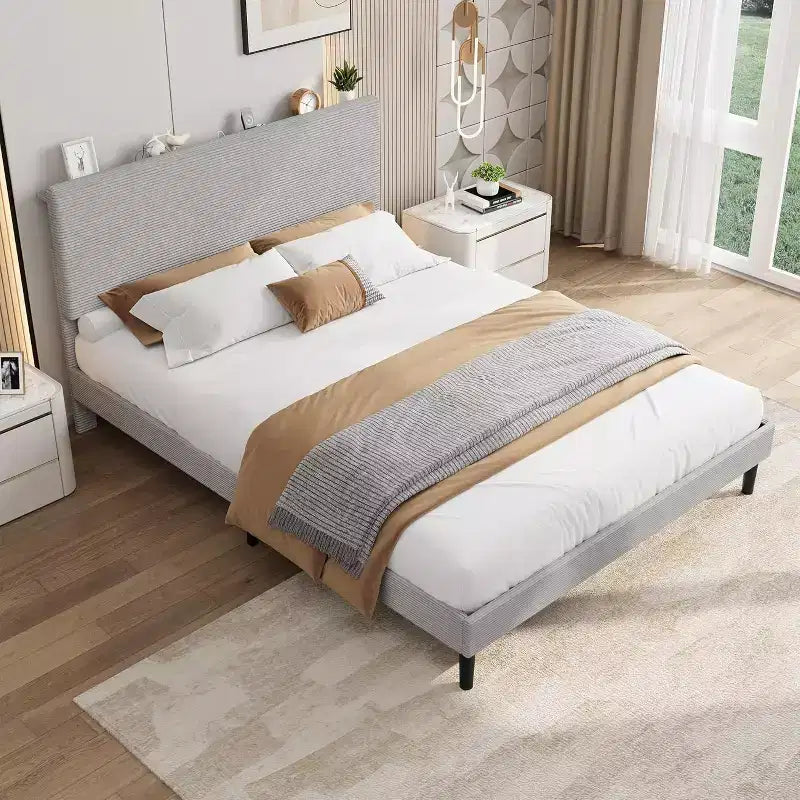 Cadre de lit Acekool en velours côtelé, chargement USB, tête de lit de rangement et espace sous le lit pour chambre à coucher