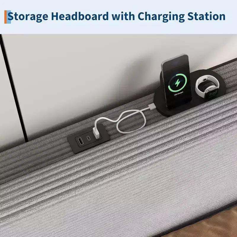 Cadre de lit Acekool en velours côtelé, chargement USB, tête de lit de rangement et espace sous le lit pour chambre à coucher