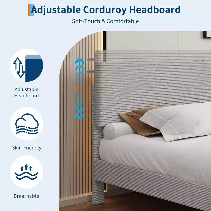 Cadre de lit Acekool en velours côtelé, chargement USB, tête de lit de rangement et espace sous le lit pour chambre à coucher
