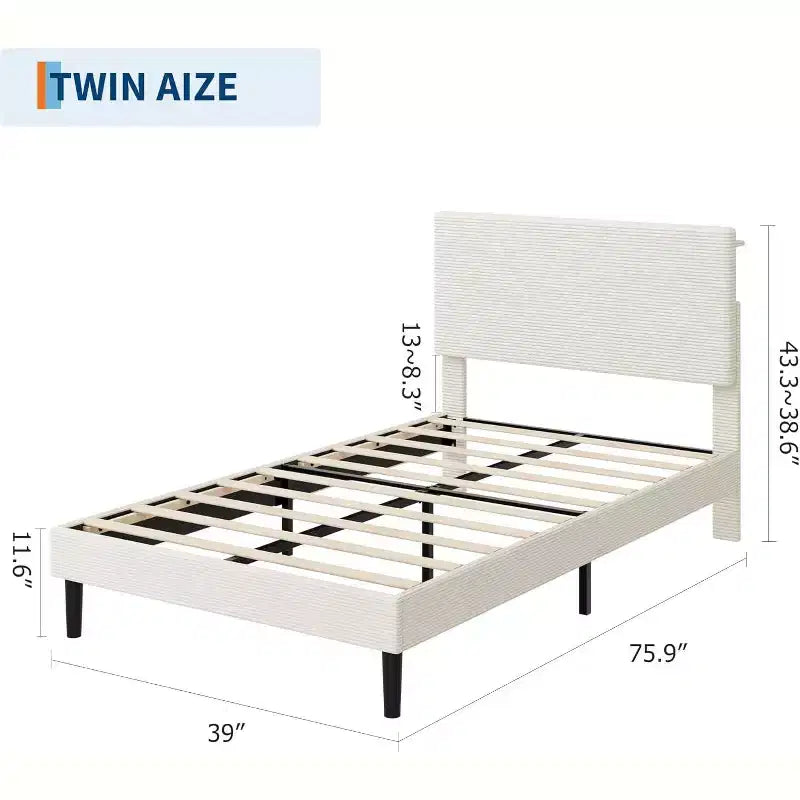 Cadre de lit Acekool en velours côtelé, chargement USB, tête de lit de rangement et espace sous le lit pour chambre à coucher