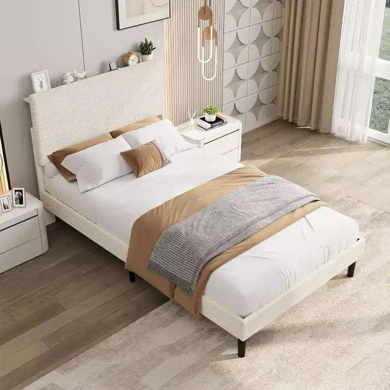 Cadre de lit Acekool en velours côtelé, chargement USB, tête de lit de rangement et espace sous le lit pour chambre à coucher