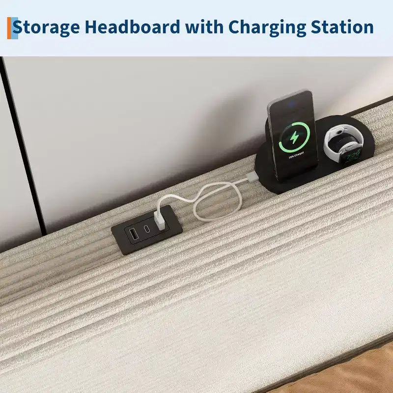 Cadre de lit Acekool en velours côtelé, chargement USB, tête de lit de rangement et espace sous le lit pour chambre à coucher