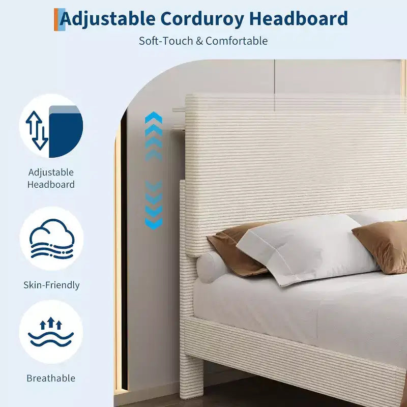 Cadre de lit Acekool en velours côtelé, chargement USB, tête de lit de rangement et espace sous le lit pour chambre à coucher