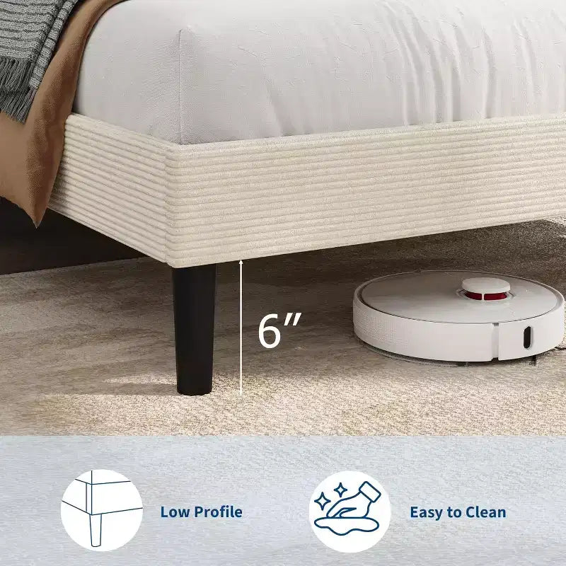 Cadre de lit Acekool en velours côtelé, chargement USB, tête de lit de rangement et espace sous le lit pour chambre à coucher