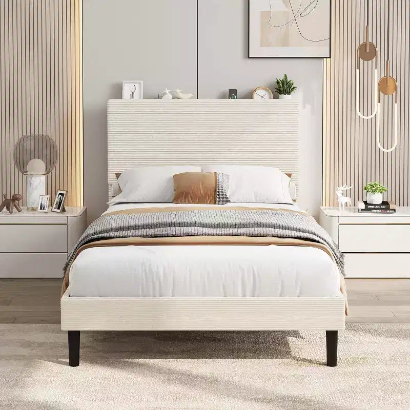 Acekool Corduroy Upholstered Bed Frame, USB Charging, Storage Headboard & Under-Bed Space for Bedroom