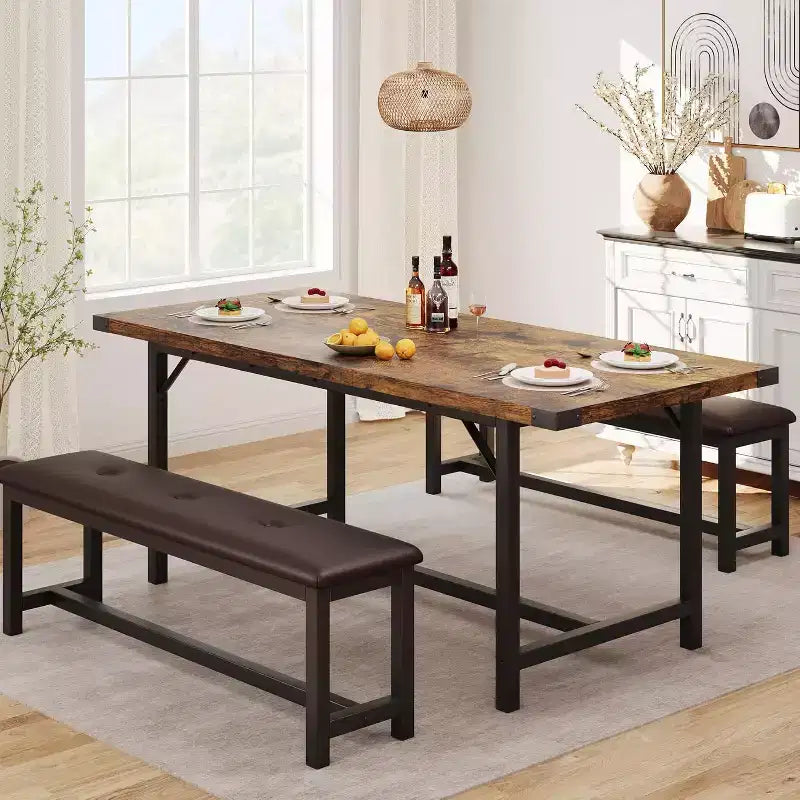 Ensemble de table à manger extensible pour 4 à 6 personnes, table de cuisine style ferme avec 2 bancs rembourrés, ensemble table à rabats et bancs pour salle à manger, cuisine.