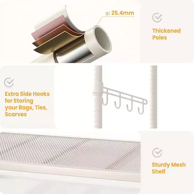 Portant à vêtements robuste avec roulettes, crochets latéraux et étagère de rangement en maille, organisateur de vêtements portable pour chambre, dortoir, buanderie, 315 kg, gris