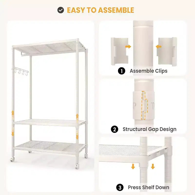 Portant à vêtements robuste avec roulettes, crochets latéraux et étagère de rangement en maille, organisateur de vêtements portable pour chambre, dortoir, buanderie, 315 kg, gris