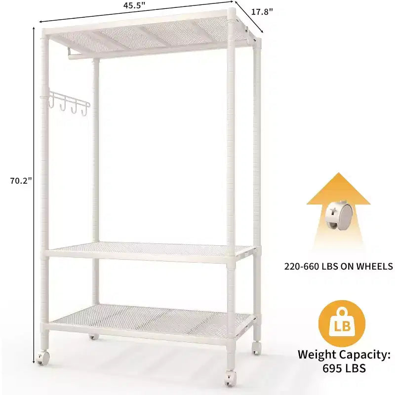 Portant à vêtements robuste avec roulettes, crochets latéraux et étagère de rangement en maille, organisateur de vêtements portable pour chambre, dortoir, buanderie, 315 kg, gris