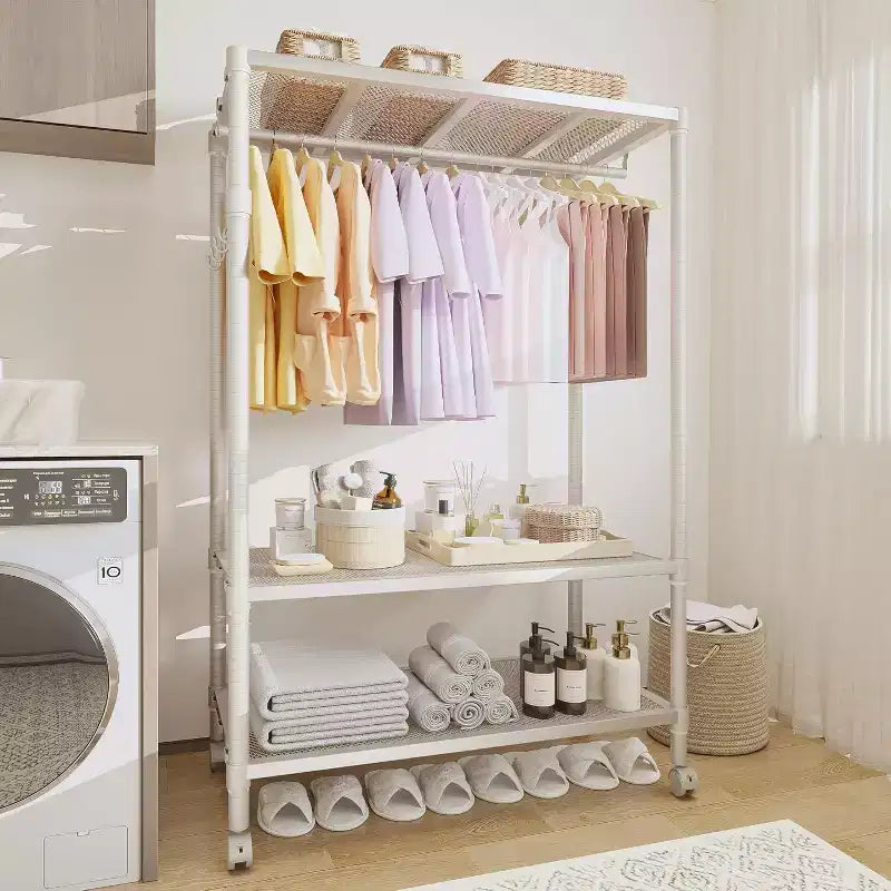 Portant à vêtements robuste avec roulettes, crochets latéraux et étagère de rangement en maille, organisateur de vêtements portable pour chambre, dortoir, buanderie, 315 kg, gris