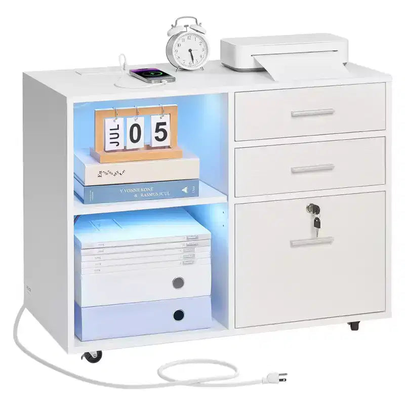 3-Drawer Wooden File Cabinet with LED Light Strip Lockable Rolling with Adjustable Shelves Printer Stand