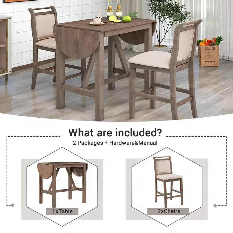 Ensemble table à manger pliante 3 pièces en bois avec 2 chaises de salle à manger rembourrées hauteur comptoir pour petits espaces