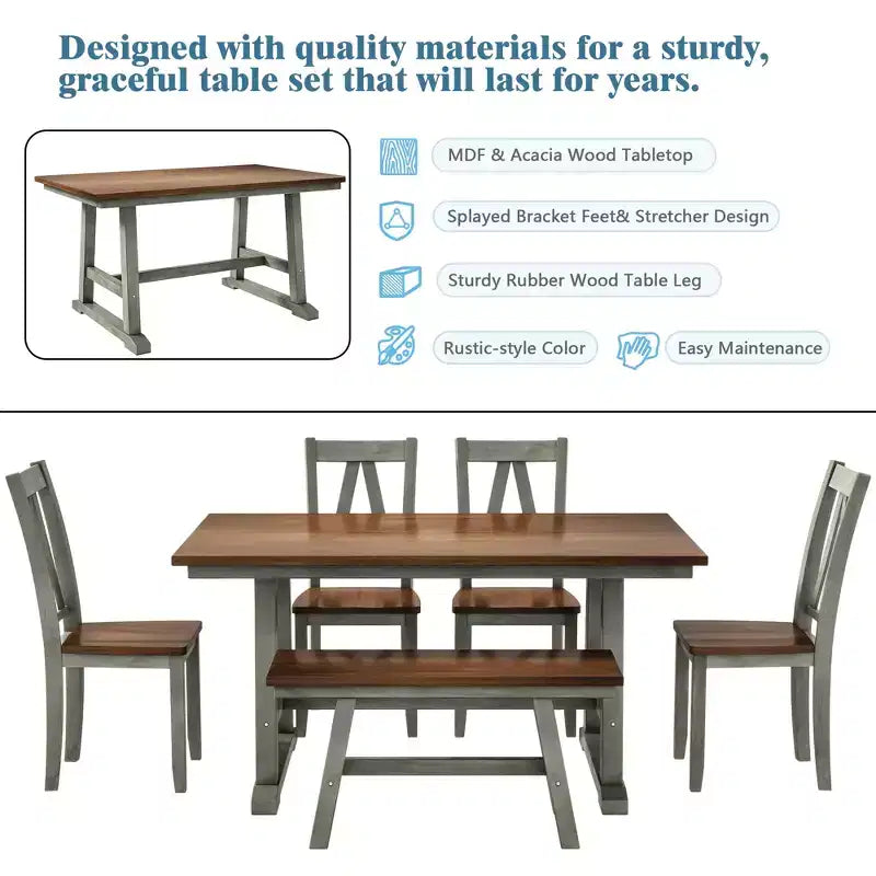 Ensemble de table à manger de ferme en bois pour 6 personnes, table rectangulaire de cuisine avec banc long et 4 chaises de salle à manger, gris