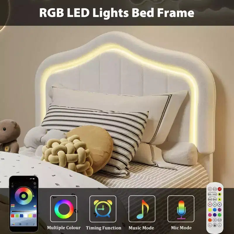 Cadre de lit rembourré avec tiroir de rangement et tête de lit intelligente à LED, cadre de lit plateforme de taille double pour enfants, support à lattes en bois, aucun sommier tapissier requis