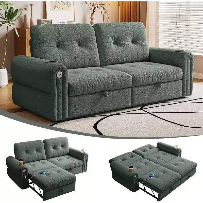 MooxvMoo 77 Modern Chenille Sleeper Convertible Sofa Bed, Pull Out Couch with USB Charging Port & Cup Holder, Adjustable Backrest, Side Pockets,Green