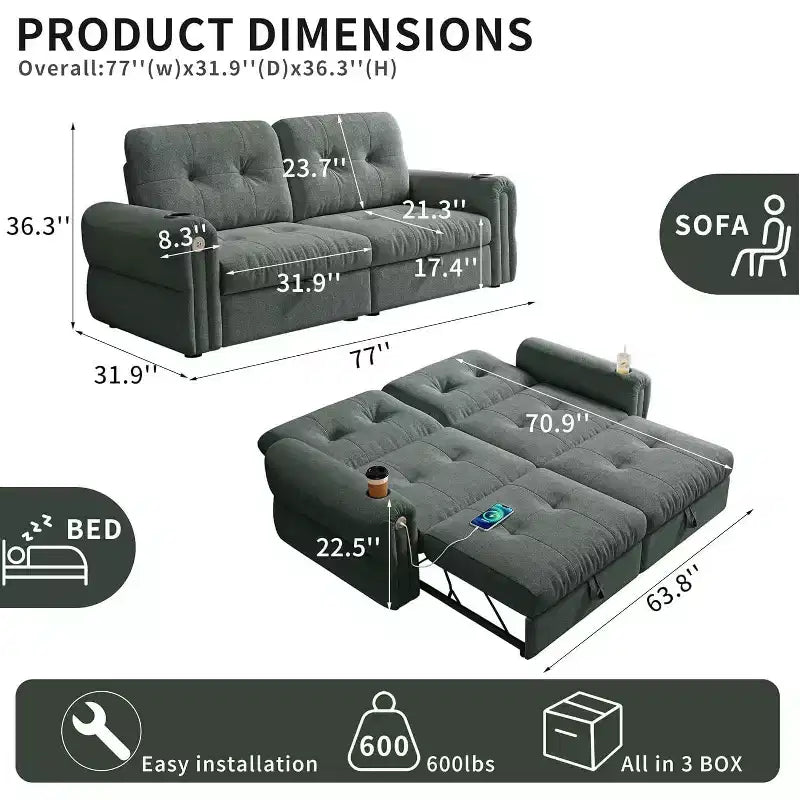 MooxvMoo 77 Canapé-lit convertible moderne en chenille, canapé-lit escamotable avec port de chargement USB et porte-gobelet, dossier réglable, poches latérales, vert