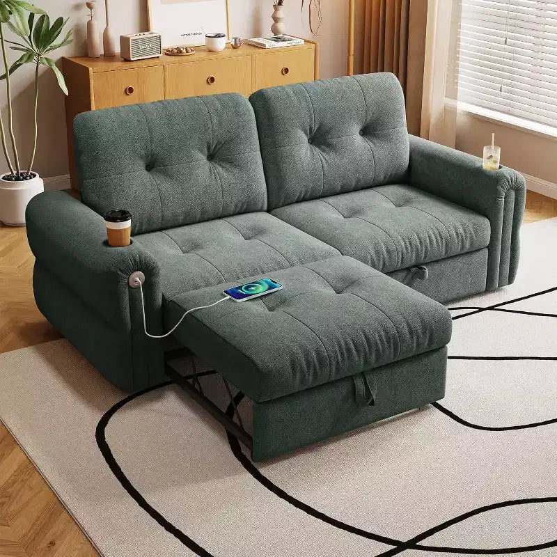 MooxvMoo 77 Canapé-lit convertible moderne en chenille, canapé-lit escamotable avec port de chargement USB et porte-gobelet, dossier réglable, poches latérales, vert