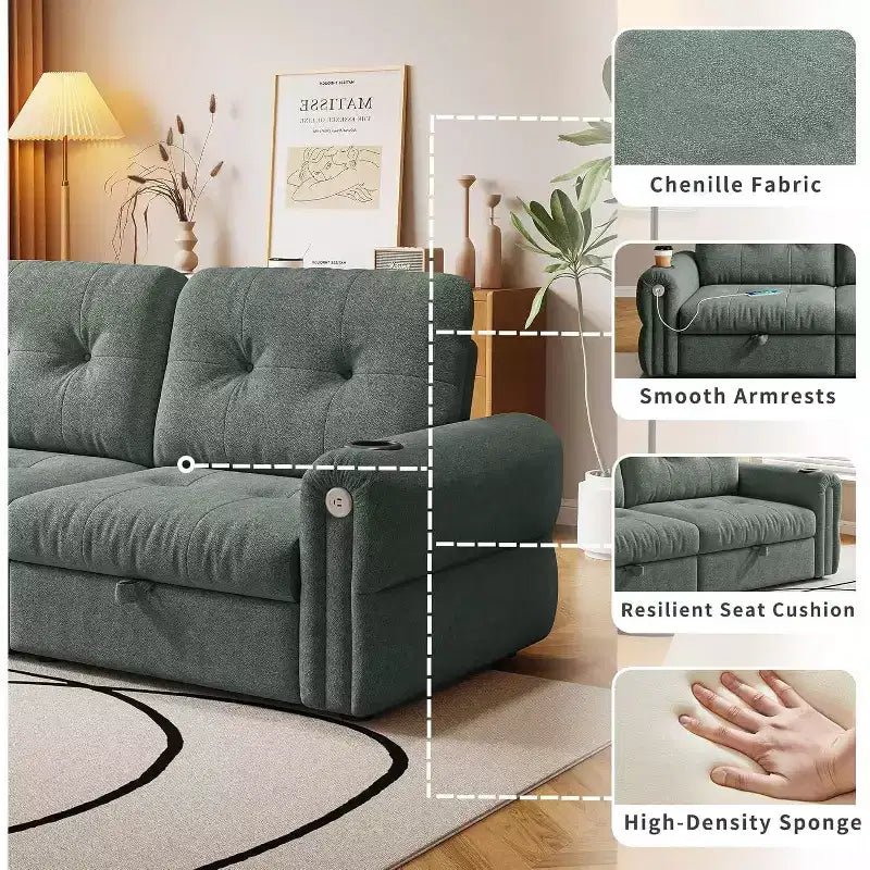 MooxvMoo 77 Canapé-lit convertible moderne en chenille, canapé-lit escamotable avec port de chargement USB et porte-gobelet, dossier réglable, poches latérales, vert