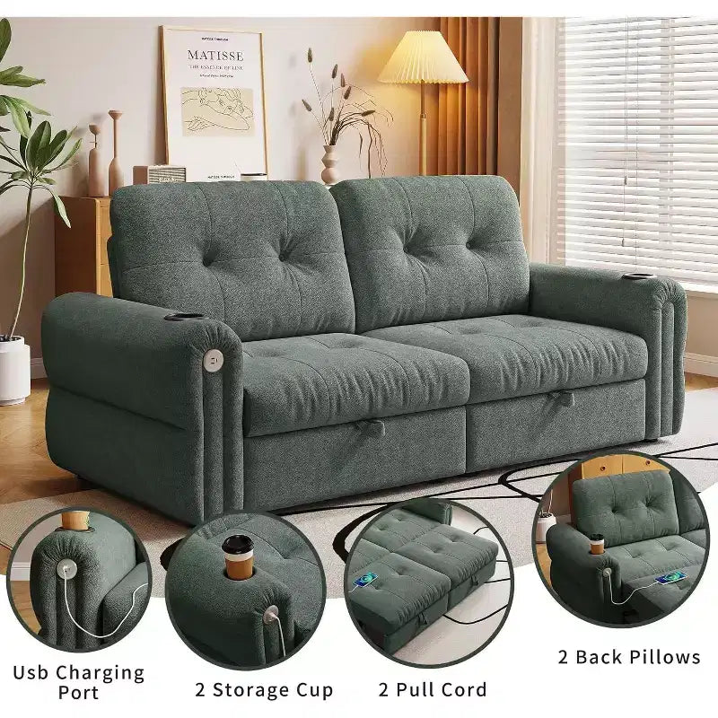 MooxvMoo 77 Canapé-lit convertible moderne en chenille, canapé-lit escamotable avec port de chargement USB et porte-gobelet, dossier réglable, poches latérales, vert