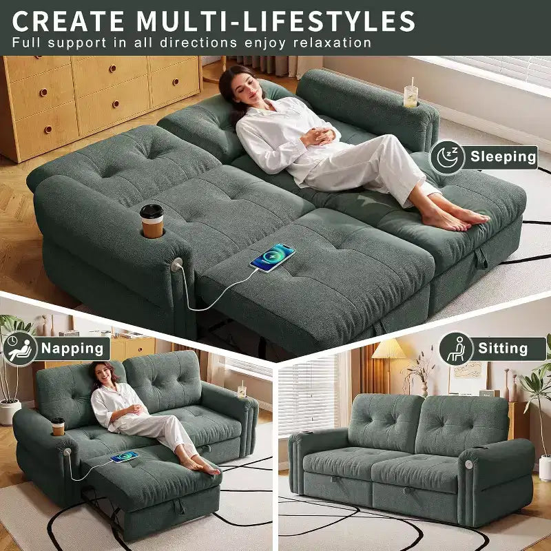 MooxvMoo 77 Canapé-lit convertible moderne en chenille, canapé-lit escamotable avec port de chargement USB et porte-gobelet, dossier réglable, poches latérales, vert