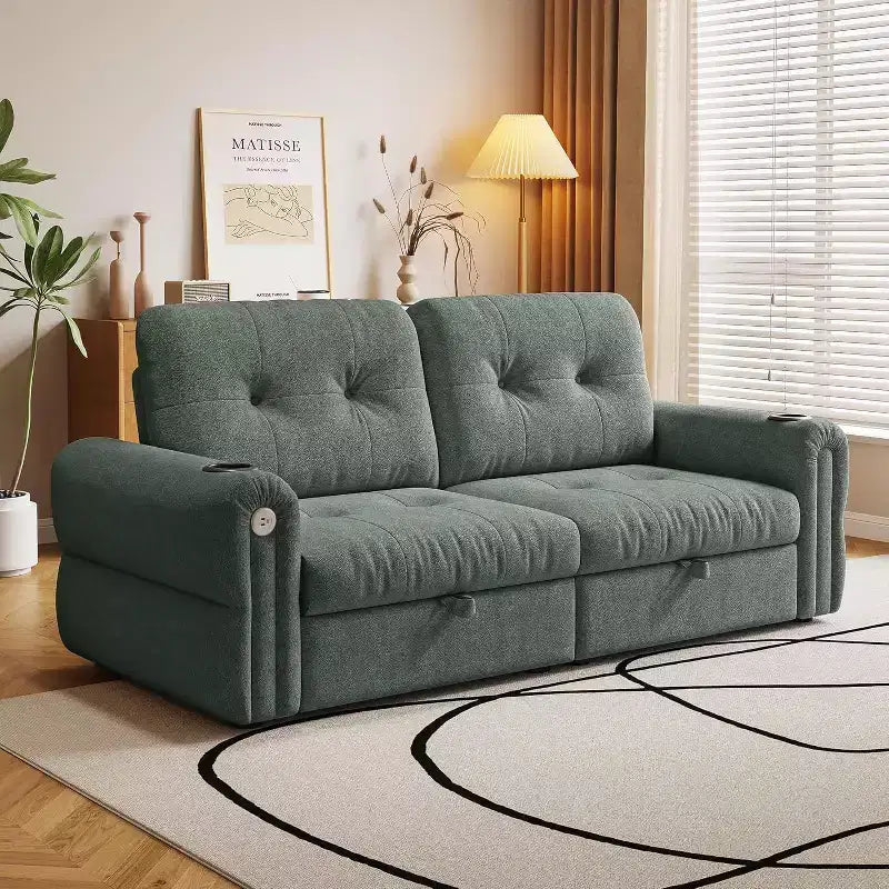MooxvMoo 77 Canapé-lit convertible moderne en chenille, canapé-lit escamotable avec port de chargement USB et porte-gobelet, dossier réglable, poches latérales, vert