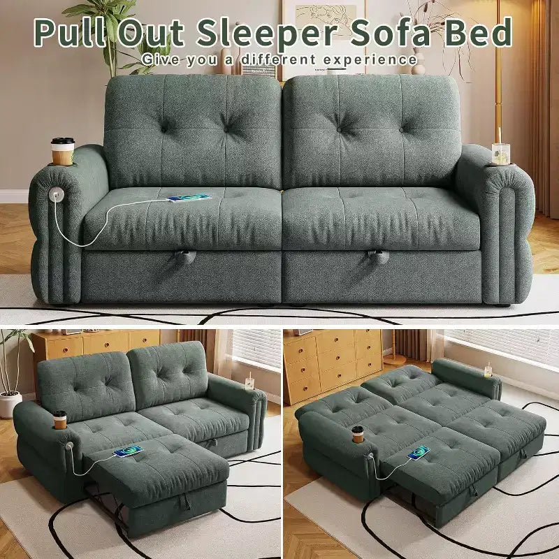 MooxvMoo 77 Canapé-lit convertible moderne en chenille, canapé-lit escamotable avec port de chargement USB et porte-gobelet, dossier réglable, poches latérales, vert