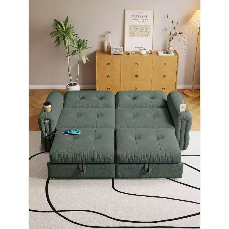 MooxvMoo 77 Canapé-lit convertible moderne en chenille, canapé-lit escamotable avec port de chargement USB et porte-gobelet, dossier réglable, poches latérales, vert