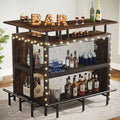 Lantine Home Bar Unit: L-shaped with stemware racks, 2-tier shelves, corner mini cabinet, footrest, rustic brown, suitable for home/kitchen/pub.