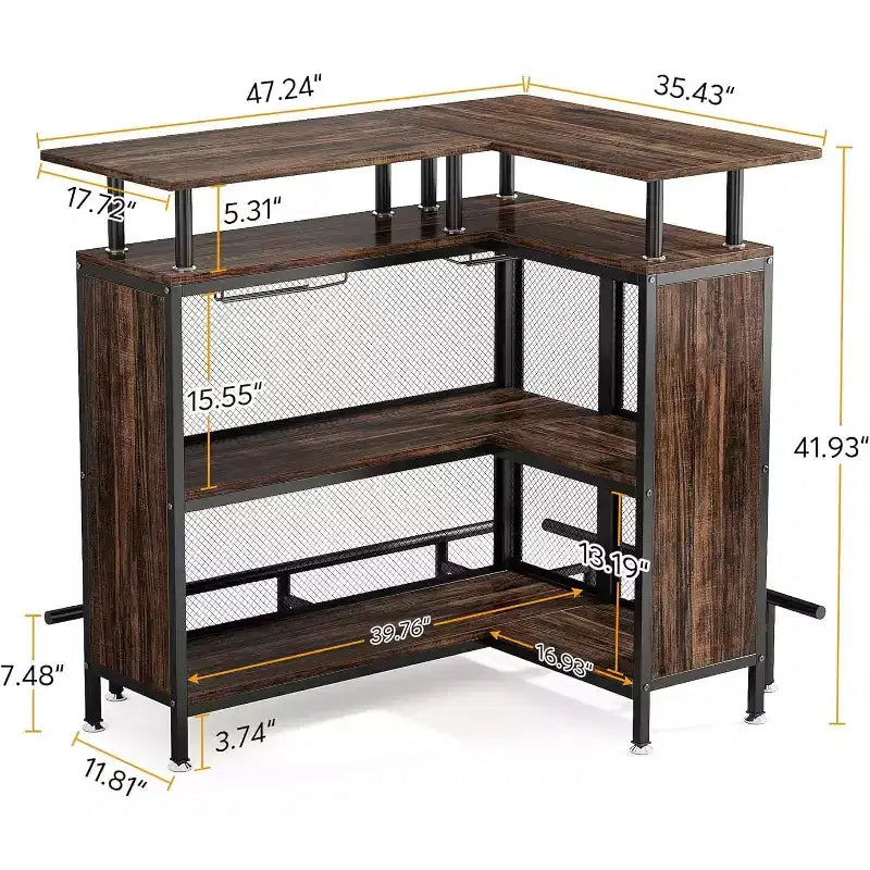 Meuble de bar d'angle Lantine : en forme de L avec porte-verres, 2 étagères, mini-placard d'angle, repose-pieds, brun rustique, idéal pour la maison/cuisine/bar.