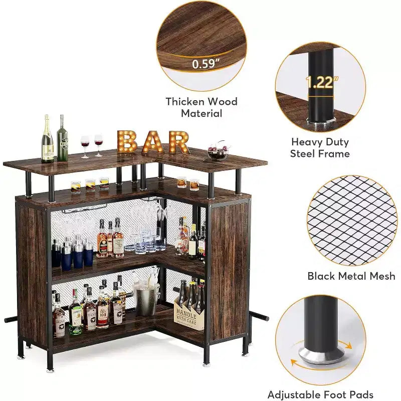Meuble de bar d'angle Lantine : en forme de L avec porte-verres, 2 étagères, mini-placard d'angle, repose-pieds, brun rustique, idéal pour la maison/cuisine/bar.