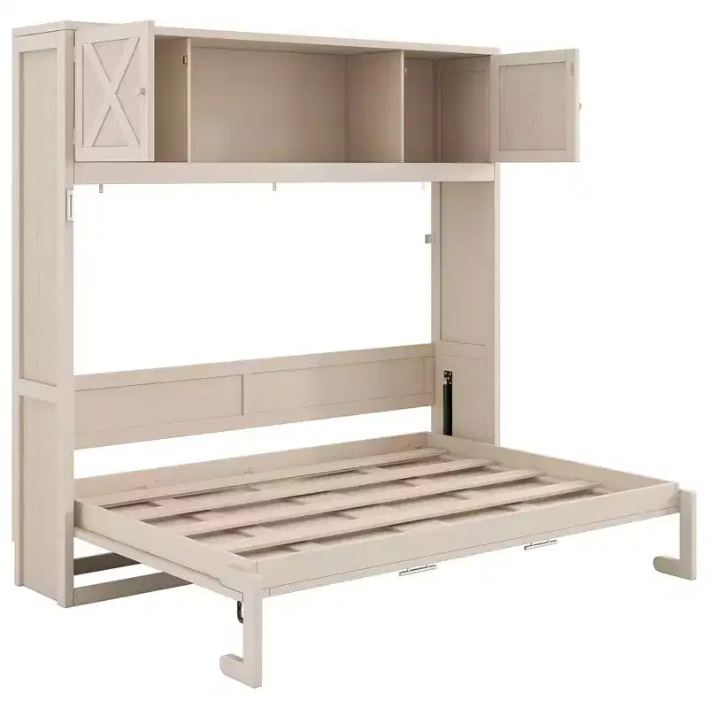Lit escamotable complet, lit escamotable de taille standard avec armoires de rangement, cadre de lit escamotable mural complet en bois, beige