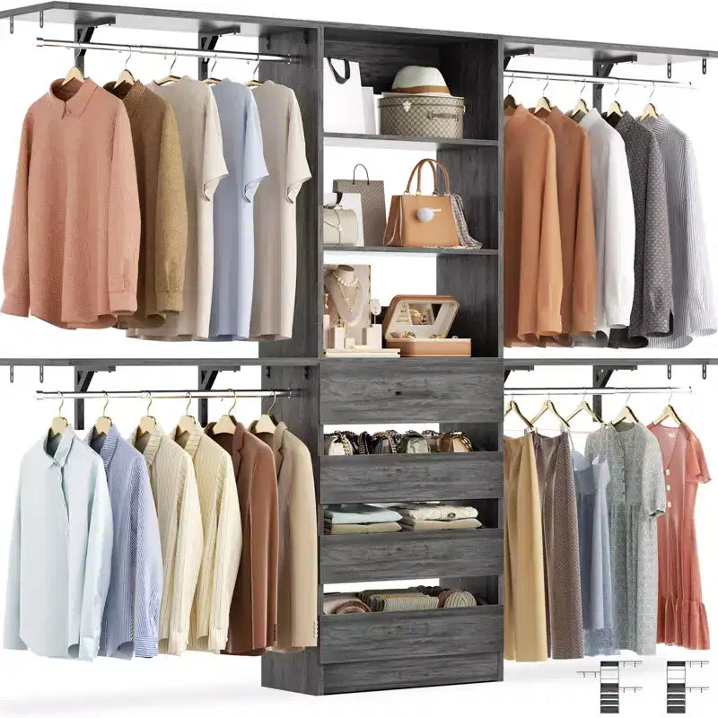 Besiost Système d'organisation de placard 2,4 m avec 4 tiroirs en bois et tringles de suspension