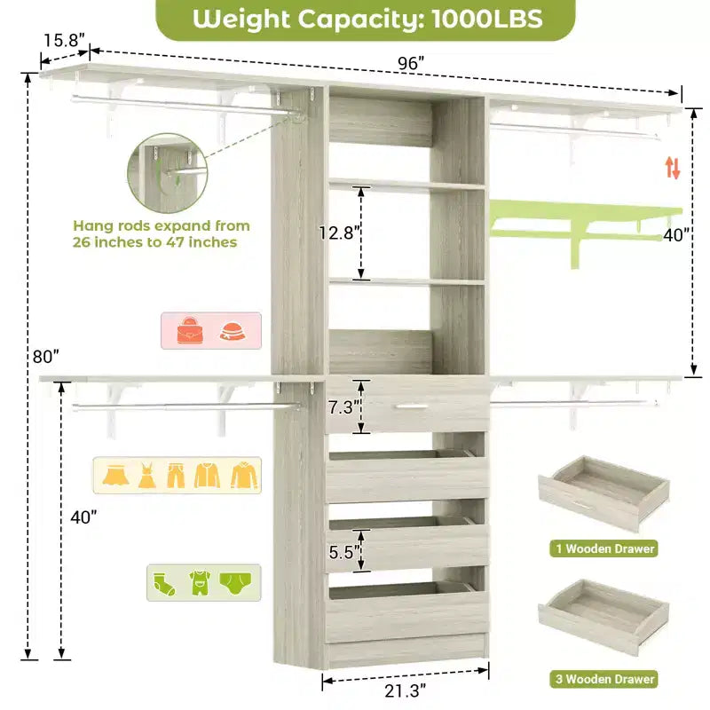 Besiost Système d'organisation de placard 2,4 m avec 4 tiroirs en bois et tringles de suspension