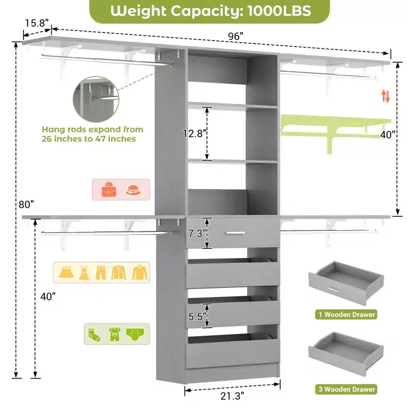Besiost Système d'organisation de placard 2,4 m avec 4 tiroirs en bois et tringles de suspension