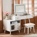 3-in-1 Dressing Table with Foldable Makeup Mirror, Makeup Vanity Desk with Lights Adjustable Cabinets and Stool