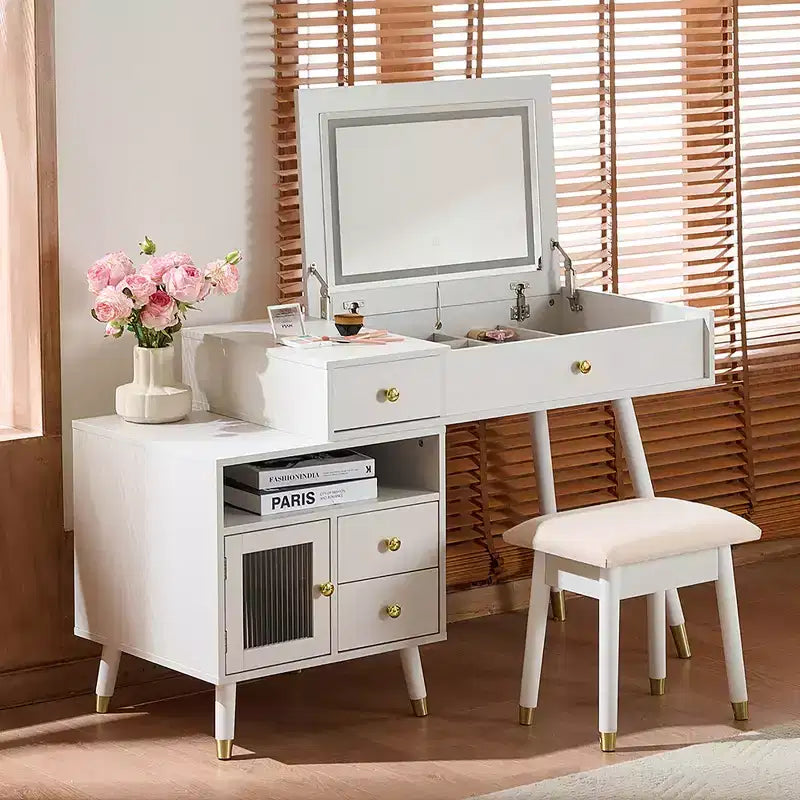 3-in-1 Dressing Table with Foldable Makeup Mirror, Makeup Vanity Desk with Lights Adjustable Cabinets and Stool