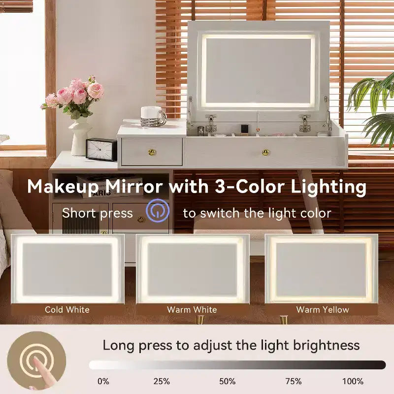 Coiffeuse 3-en-1 avec miroir de maquillage pliable, bureau de maquillage avec lumières, armoires réglables et tabouret