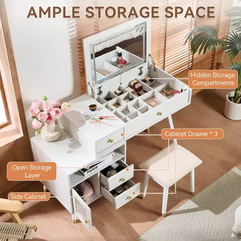 Coiffeuse 3-en-1 avec miroir de maquillage pliable, bureau de maquillage avec lumières, armoires réglables et tabouret