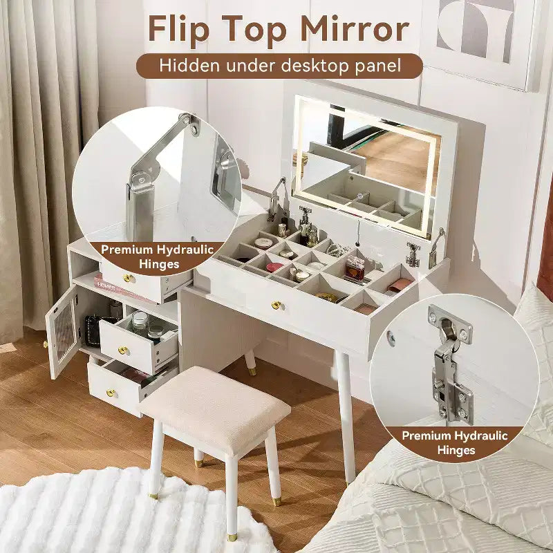 Coiffeuse 3-en-1 avec miroir de maquillage pliable, bureau de maquillage avec lumières, armoires réglables et tabouret