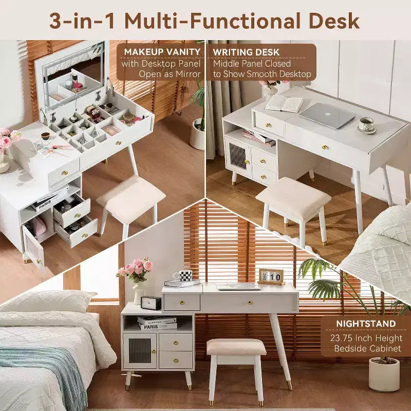 Coiffeuse 3-en-1 avec miroir de maquillage pliable, bureau de maquillage avec lumières, armoires réglables et tabouret