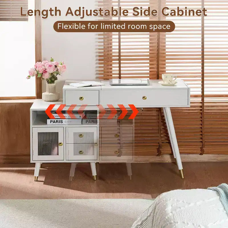 Coiffeuse 3-en-1 avec miroir de maquillage pliable, bureau de maquillage avec lumières, armoires réglables et tabouret