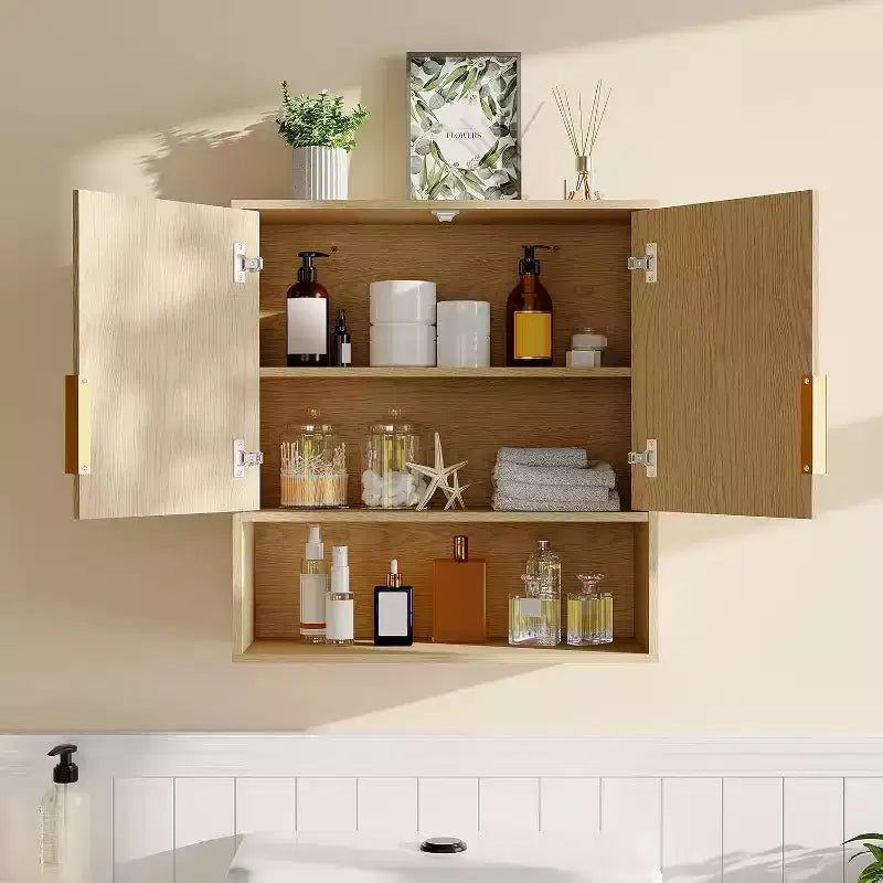 Meuble Haut de Salle de Bain, Armoire à Pharmacie Murale avec Porte à Motif Vague et Étagère Réglable, Meuble Mural pour Salle de Bain, Cuisine, Buanderie, Entrée