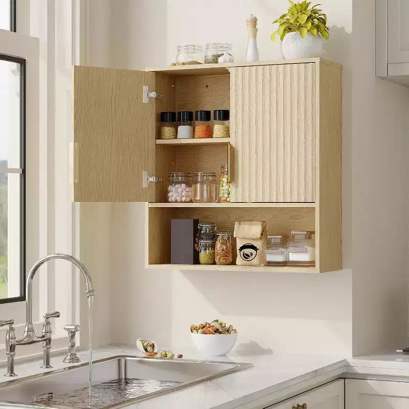 Meuble Haut de Salle de Bain, Armoire à Pharmacie Murale avec Porte à Motif Vague et Étagère Réglable, Meuble Mural pour Salle de Bain, Cuisine, Buanderie, Entrée