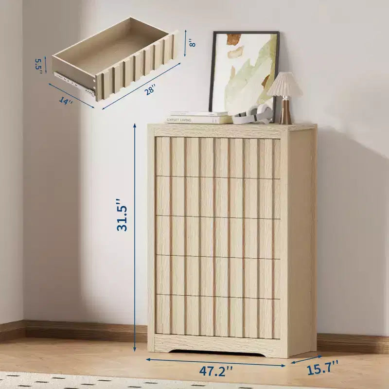 Commode en bois cannelé moderne avec tiroirs, commode en bois sans poignées pour chambre à coucher, organisateur de placard à vêtements avec grand rangement pour couloir, salon