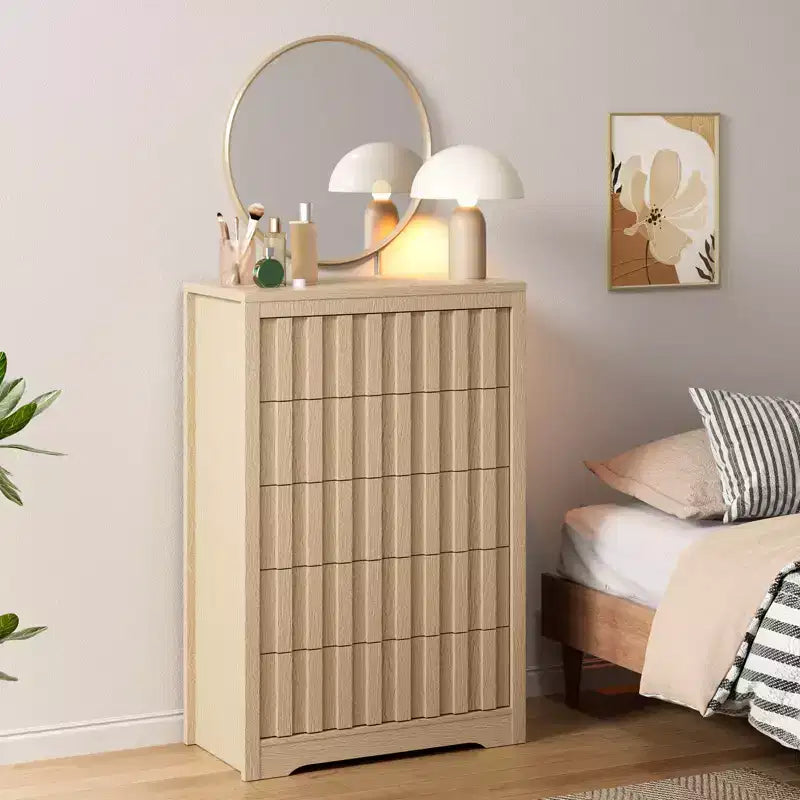 Commode en bois cannelé moderne avec tiroirs, commode en bois sans poignées pour chambre à coucher, organisateur de placard à vêtements avec grand rangement pour couloir, salon