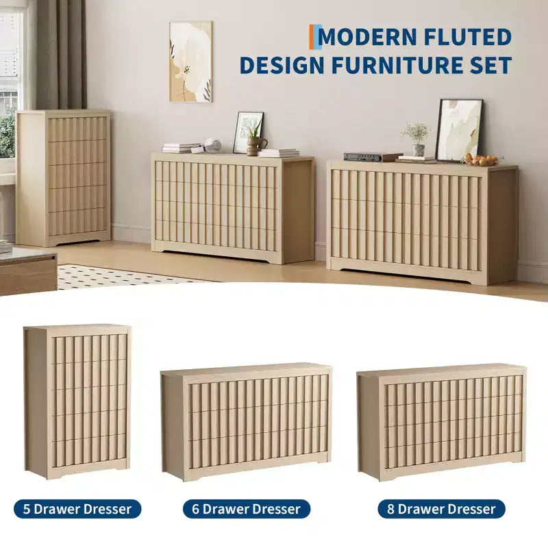 Commode en bois cannelé moderne avec tiroirs, commode en bois sans poignées pour chambre à coucher, organisateur de placard à vêtements avec grand rangement pour couloir, salon