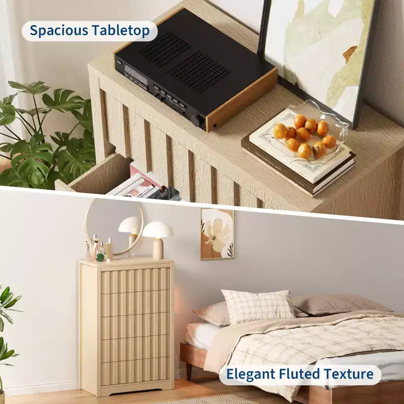 Commode en bois cannelé moderne avec tiroirs, commode en bois sans poignées pour chambre à coucher, organisateur de placard à vêtements avec grand rangement pour couloir, salon