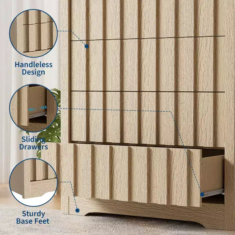 Commode en bois cannelé moderne avec tiroirs, commode en bois sans poignées pour chambre à coucher, organisateur de placard à vêtements avec grand rangement pour couloir, salon